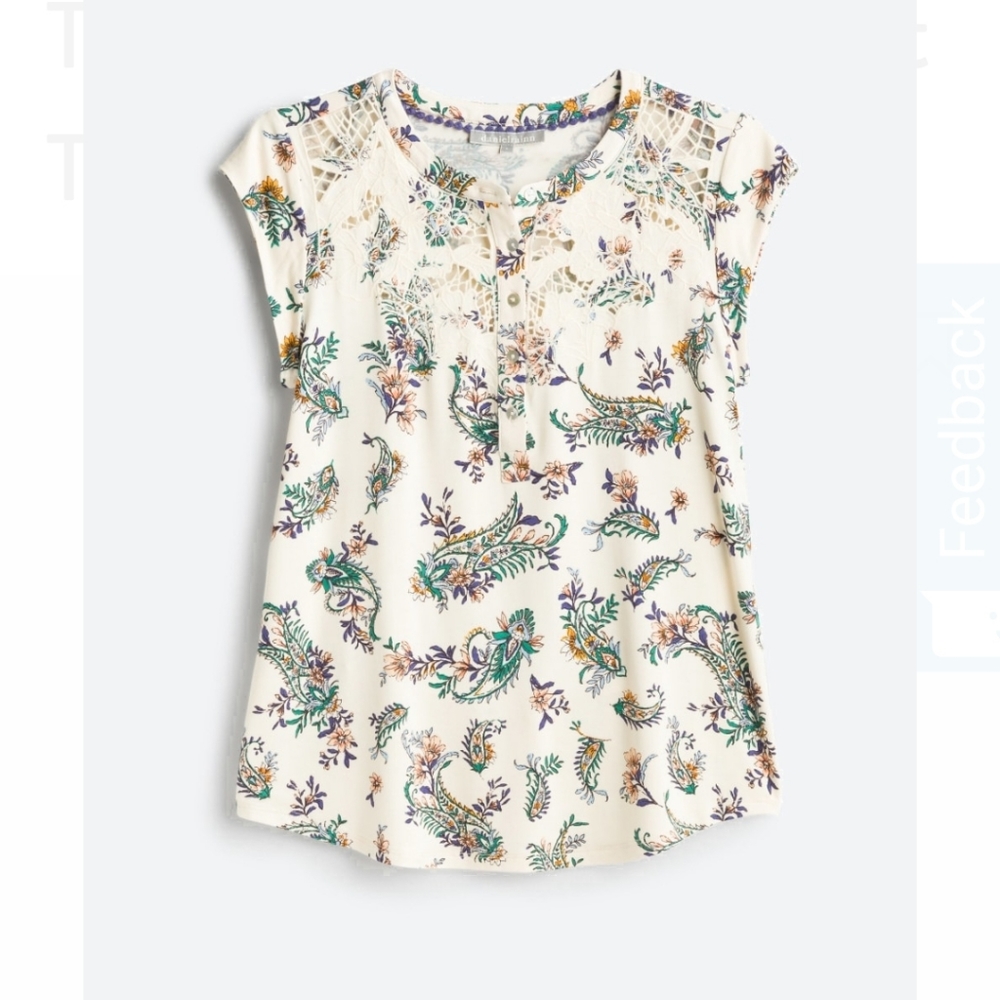 Danielle rainn, size L cream blouse with crochet design vneck button